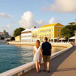 Caribbean Holidays, Barbados Couples Holidays, Couple exploring Bridgetown Barbados, colourful historic buildings, waterfront promenade and warm sunny weather