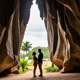Caribbean Holidays, Barbados Couples Holidays, Couple exploring Harrison's Cave in Barbados, dramatic limestone formations, soft lighting and tropical surroundings