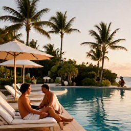Caribbean Holidays, Barbados Couples Holidays, Couple relaxing beside a peaceful Barbados hotel pool surrounded by tropical gardens, warm evening light and palm trees