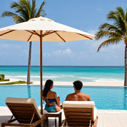 Caribbean Holidays, Barbados Couples Holidays, Couple relaxing beside an infinity pool at a stylish Barbados hotel, tropical palms, comfortable loungers and blue sea view