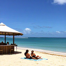 Caribbean Holidays, Barbados Couples Holidays, Couple relaxing on a quiet west coast beach in Barbados, calm turquoise water, soft sand and a casual beach bar nearby