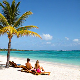Caribbean Holidays, Barbados Couples Holidays, Couple relaxing on a white sandy beach in Barbados beside clear turquoise water, palm trees and comfortable sun loungers