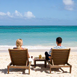 Caribbean Holidays, Barbados Couples Holidays, Romantic Barbados beach scene with two sun loungers, clear Caribbean water and a couple enjoying a quiet February afternoon