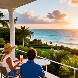 Caribbean Holidays, Barbados Couples Holidays, Romantic Barbados hotel balcony overlooking a tropical garden and turquoise sea, with two glasses of drinks at sunset
