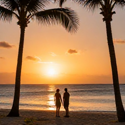Caribbean Holidays, Barbados Couples Holidays, Romantic Barbados sunset over the sea, couple watching from a quiet beach with palm silhouettes and warm orange light