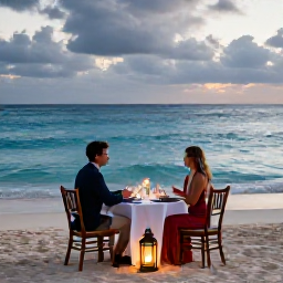 Caribbean Holidays, Barbados Couples Holidays, Romantic beachfront dinner for two in Barbados, elegant table setting, soft lantern light and the Caribbean Sea beyond