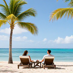 Caribbean Holidays, Barbados Couples Holidays, Romantic couple relaxing on a Barbados beach with sun loungers, palm trees and calm blue water