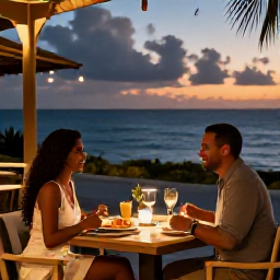 Caribbean Holidays, Barbados Couples Holidays, Romantic outdoor restaurant in Barbados at dusk, couple dining at a small table with local Caribbean food and warm lights