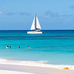 Caribbean Holidays, Barbados Cruises, A catamaran sailing along the west coast of Barbados with passengers swimming in clear blue water near a sandy beach