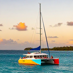Caribbean Holidays, Barbados Cruises, A colourful catamaran cruise sailing along the Barbados coast at sunset, with guests relaxing on deck and the island visible in the distance