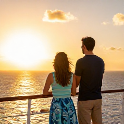 Caribbean Holidays, Barbados Cruises, A happy couple watching the sunset from a Barbados cruise ship with golden light over the Caribbean Sea