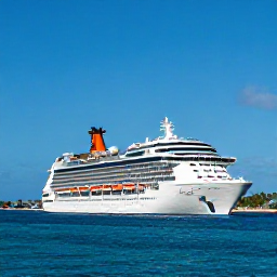 Caribbean Holidays, Barbados Cruises, A modern cruise ship sailing into Bridgetown harbour beneath a clear blue sky, with Barbados coastline and palm trees in the background