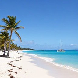 Caribbean Holidays, Barbados Cruises, A peaceful Barbados beach with clear turquoise sea, pale sand, palm trees and a small catamaran sailing offshore