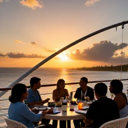 Caribbean Holidays, Barbados Cruises, A relaxed Caribbean cruise deck at sunset with travellers dining outdoors and Barbados in the distance