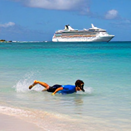 Caribbean Holidays, Barbados Cruises, A snorkeller swimming in clear Caribbean water near a sandy Barbados beach with a cruise ship offshore
