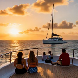 Caribbean Holidays, Barbados Cruises, A sunset catamaran cruise beside the Barbados coast, with guests relaxing on deck and warm golden light over the sea