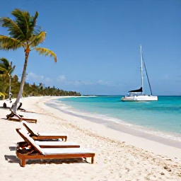Caribbean Holidays, Barbados Cruises, A white sandy beach on Barbados with turquoise water, sun loungers, coconut palms and a small catamaran offshore