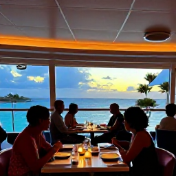 Caribbean Holidays, Barbados Cruises, An elegant cruise ship dining area with tropical views at sunset and guests enjoying a relaxed evening