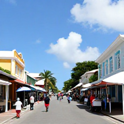 Caribbean Holidays, Barbados Cruises, Colourful Bridgetown streets with historic buildings, a lively market and visitors exploring Barbados on a sunny day