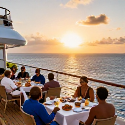 Caribbean Holidays, Barbados Cruises, Elegant cruise ship deck at sunset near Barbados, with passengers enjoying dinner and views across the Caribbean