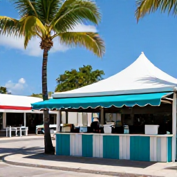 Caribbean Holidays, Barbados Cruises July, A friendly Barbados rum shop serving local food and drinks beside a palm-lined street in summer