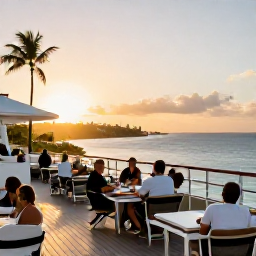 Caribbean Holidays, Barbados Cruises July, Cruise passengers enjoying an open-air deck at sunset with Barbados coastline views and warm tropical light