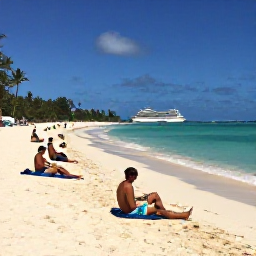 Caribbean Holidays, Barbados Cruises July, Visitors relaxing on a beautiful sandy beach in Barbados with calm turquoise water, palm trees and a cruise ship in the distance