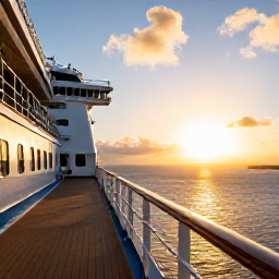 Caribbean Holidays, Barbados Cruises October, A Caribbean cruise ship viewed from the deck at sunset, with Barbados in the distance and warm golden light