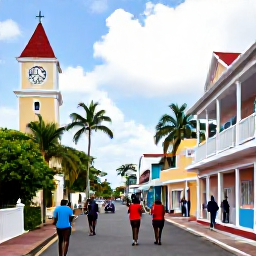 Caribbean Holidays, Barbados Cruises October, Visitors strolling through Bridgetown, Barbados, with colourful buildings, a historic clock tower and palm trees under a bright sky