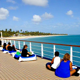 Caribbean Holidays, Barbados Cruises, Passengers relaxing on a cruise ship deck while Barbados coastline and palm trees appear in the distance