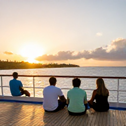 Caribbean Holidays, Barbados Cruises, Travellers enjoying a relaxed sunset on a Barbados cruise ship, with the island coastline in the distance