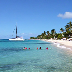 Caribbean Holidays, Barbados Cruises, Travellers swimming in clear water beside a sandy Barbados beach with palm trees and a catamaran
