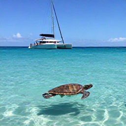 Caribbean Holidays, Barbados Cruises, Visitors snorkelling with sea turtles in clear turquoise water near Carlisle Bay, Barbados, with a catamaran nearby