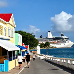 Caribbean Holidays, Barbados Cruises, Visitors strolling through historic Bridgetown with colourful buildings, local shops and views towards the waterfront