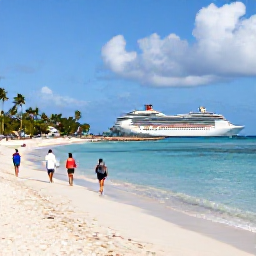 Caribbean Holidays, Barbados Cruises, Visitors walking along Carlisle Bay beach in Barbados, with calm blue water, palm trees and a cruise ship offshore