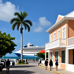 Caribbean Holidays, Barbados Cruises, Visitors walking through historic Bridgetown with colourful buildings, palm trees and a cruise ship visible in the harbour