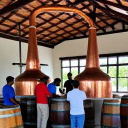 Caribbean Holidays, Barbados Culture Holidays, Barbados rum distillery tour with copper stills, wooden barrels and visitors learning about local production