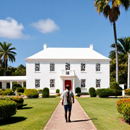 Caribbean Holidays, Barbados Culture Holidays, Traveller visiting a historic plantation house and tropical garden in Barbados, with palm trees and blue sky
