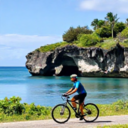 Caribbean Holidays, Barbados Cycling Holidays, Cyclist beside a scenic Barbados coastline, looking towards calm blue water, rugged cliffs and green tropical vegetation