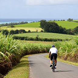 Caribbean Holidays, Barbados Cycling Holidays, Cyclist climbing a quiet inland road through Barbados sugar cane fields, with green countryside and distant sea views