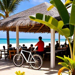 Caribbean Holidays, Barbados Cycling Holidays, Cyclist enjoying a shaded break at a Barbados beach cafe with bicycle nearby, tropical plants and relaxed island atmosphere