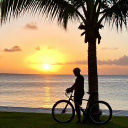 Caribbean Holidays, Barbados Cycling Holidays, Cyclist enjoying sunset beside Carlisle Bay in Barbados, bicycle leaning against a palm tree