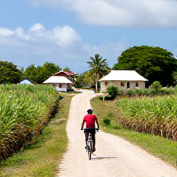 Caribbean Holidays, Barbados Cycling Holidays, Cyclist exploring a quiet country lane through green Barbados countryside, with sugar cane fields and traditional Bajan houses