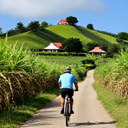 Caribbean Holidays, Barbados Cycling Holidays, Cyclist exploring a scenic Barbados route through sugar cane fields with rolling hills and traditional chattel houses