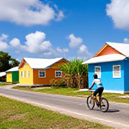 Caribbean Holidays, Barbados Cycling Holidays, Cyclist passing colourful Bajan houses and sugar cane fields on a scenic inland road in Barbados