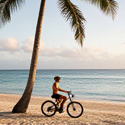 Caribbean Holidays, Barbados Cycling Holidays, Cyclist relaxing at a Barbados beach after a ride, bicycle nearby, palm trees, calm blue sea and golden afternoon light