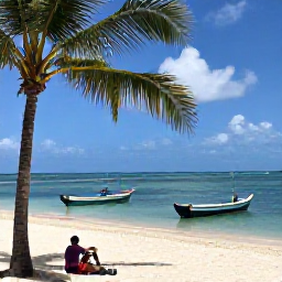 Caribbean Holidays, Barbados Cycling Holidays, Cyclist resting near a peaceful Barbados beach with colourful fishing boats, palm trees and calm blue water