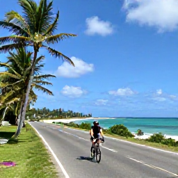 Caribbean Holidays, Barbados Cycling Holidays, Cyclist riding a quiet coastal road beside turquoise sea and palm trees in Barbados in September
