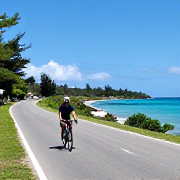 Caribbean Holidays, Barbados Cycling Holidays, Cyclist riding along a quiet coastal road beside turquoise Caribbean water in Barbados, bright daylight and relaxed island scenery