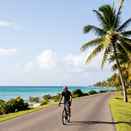 Caribbean Holidays, Barbados Cycling Holidays, Cyclist riding along a quiet coastal road in Barbados during a bright January morning, with turquoise sea and palm trees